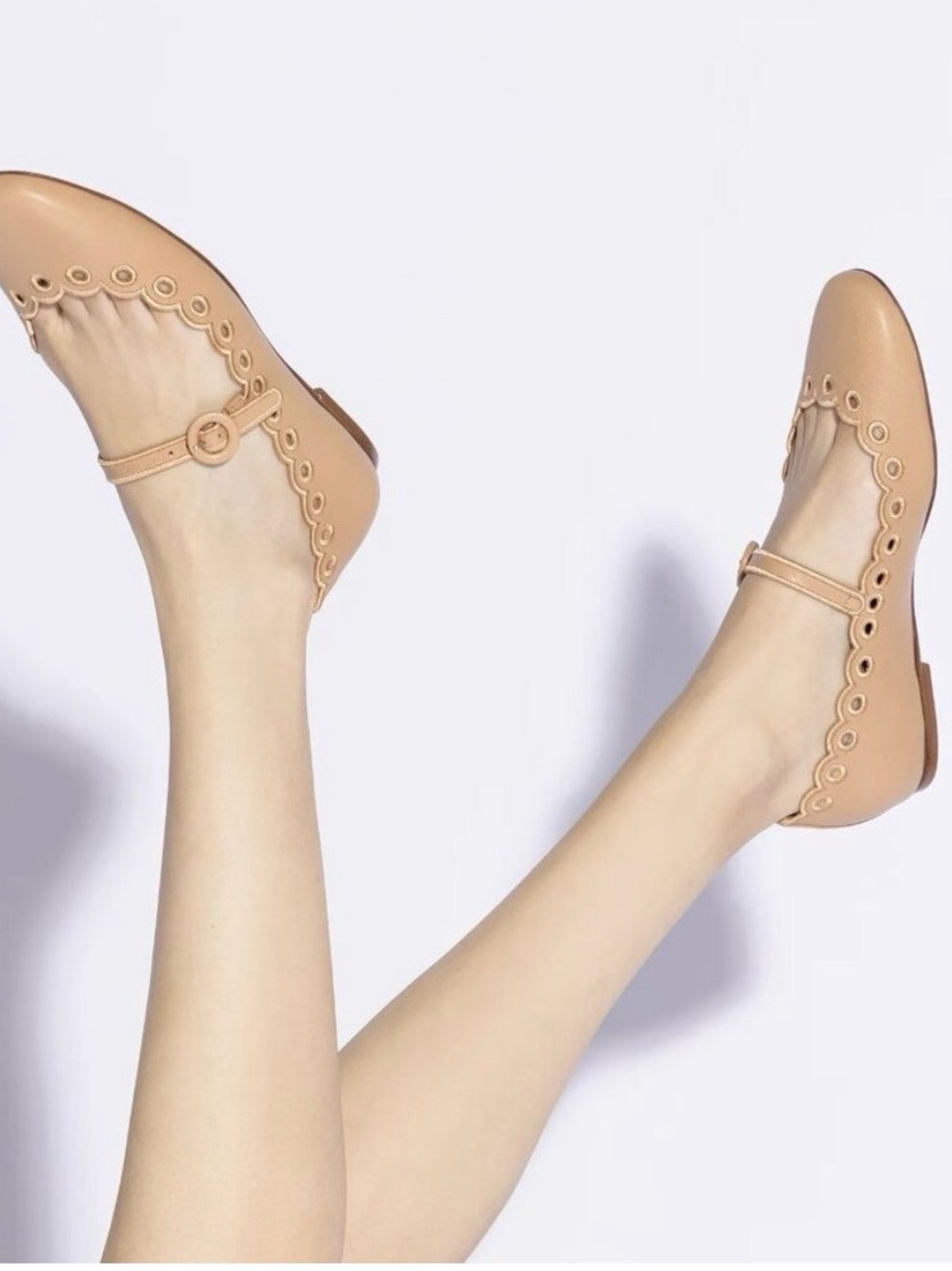 Larroude Blair Broderie Mary Jane Flat - Beige Leather